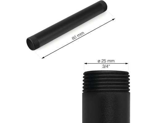Abbildung eines schwarzen Gewinderohrs mit den Maßen 80 mm Länge und 25 mm Durchmesser.