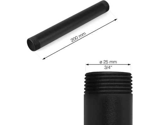 Schwarzes 200 mm langes Rohr mit 25 mm Durchmesser und Gewinde an beiden Enden