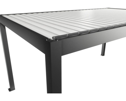 Detailansicht einer Pergola mit Aluminiumstruktur und Lamellendach