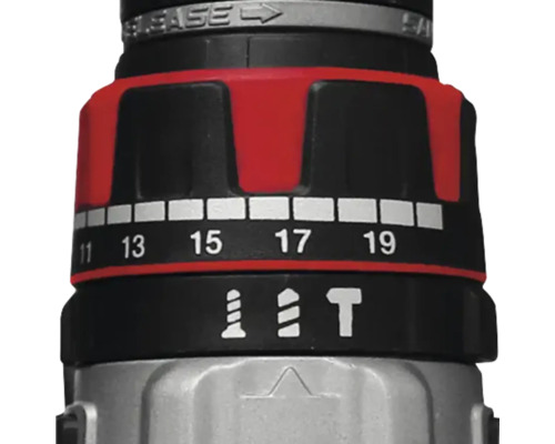 Drehmomenteinstellung einer Bohrmaschine mit Schrauben-, Bohr- und Hammerbohrsymbol