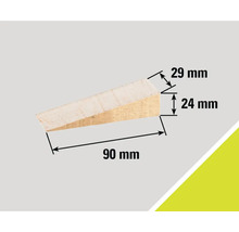 Holzkeil mit den Maßen 90 mm Länge, 24 mm Höhe und 29 mm Breite.
