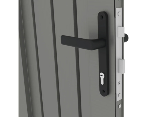 Detailaufnahme eines Türschlosses mit Griff und Schlosskasten