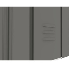 Detailansicht eines grauen Metallschranks mit Lüftungsschlitzen