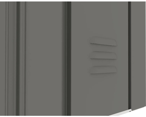 Detailansicht eines grauen Metallschranks mit Lüftungsschlitzen