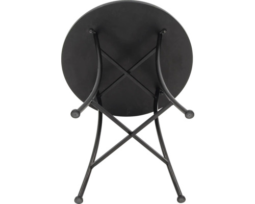 Ansicht eines runden, schwarzen Gartentisches mit Metallgestell.