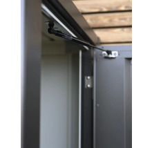 Detailansicht einer Gasdruckfeder an einem Geräteschrank.