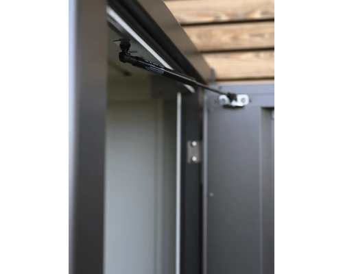 Detailansicht einer geöffneten Gerätehaus Tür mit Gasdruckfeder