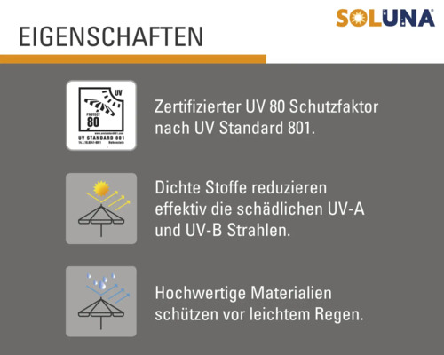 Soluna Produkteigenschaften: UV 80 Schutzfaktor, dichte Stoffe reduzieren UV-A und UV-B Strahlen, hochwertige Materialien schützen vor leichtem Regen