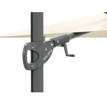 Detailansicht eines Sonnenschirms mit Kurbelmechanismus und Soluna Logo