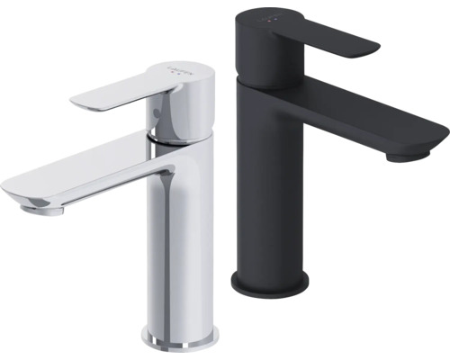Zwei Waschtischarmaturen der Marke Laufen, eine in Chrom und eine in Schwarz