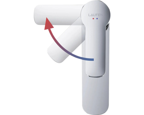 Laufen Logo Mischbatterie mit Schwenkbereich Markierung