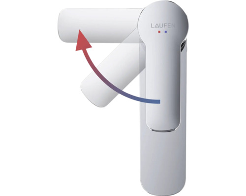 Laufen Logo Armatur mit Hinweispfeil zur Temperatureinstellung