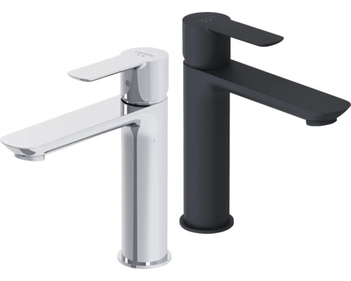 Zwei Waschtischarmaturen von Laufen, eine Waschtischarmatur aus Metall und eine Waschtischarmatur aus beschichtetem Metall.