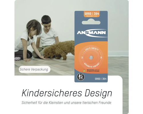 Ansmann SR60 364 Silberoxid Knopfzelle in kindersicherer Verpackung mit Kindern und einem Hund