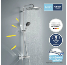 Grohe Quickfix Duschsystem mit Kopf- und Handbrause sowie Thermostatarmatur. Grohe Logo. Hergestellt in Deutschland. Fünf Jahre Garantie. Inklusive Montageschlüssel.