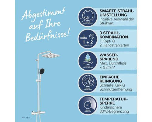 Duschsystem mit Kopfbrause, Handbrause und verschiedenen Strahlarten sowie Wassersparfunktion, einfacher Reinigung und Temperatursperre
