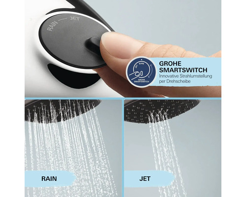 Grohe SmartSwitch Duschkopf mit Rain und Jet Strahlarten und Strahlumstellung per Drehscheibe.
