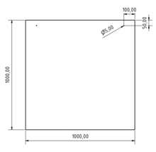 Quadratische Platte mit den Maßen 1000 mal 1000 Millimeter und einem Bohrloch mit fünf Millimeter Durchmesser.
