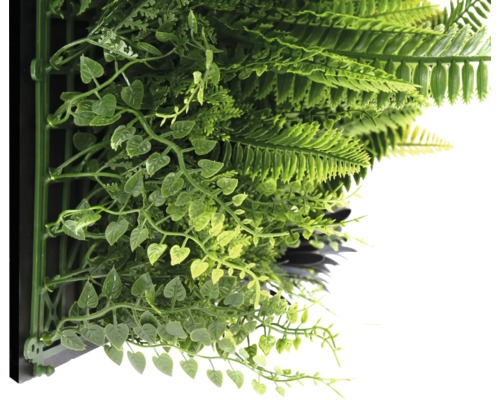 Kunstpflanzenwand mit Farnen und kleinen Blättern