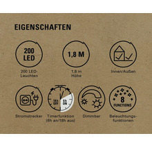 Produktmerkmale: 200 LEDs, 1,8 Meter Höhe, für Innen- und Außenbereich geeignet, Netzstecker, Timerfunktion, dimmbar, acht Beleuchtungsfunktionen