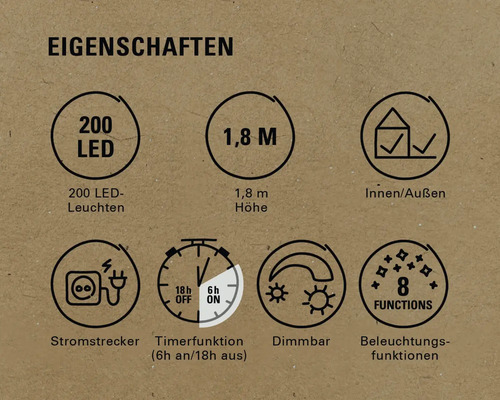 Produktmerkmale: 200 LEDs, 1,8 Meter Höhe, für Innen- und Außenbereich geeignet, Netzstecker, Timerfunktion, dimmbar, acht Beleuchtungsfunktionen