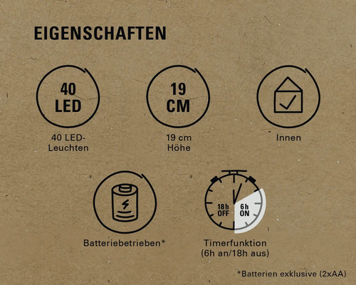 Produktmerkmale: 40 LEDs, 19 Zentimeter Höhe, geeignet für den Innenbereich, Batteriebetrieb und Timerfunktion