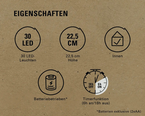 Produktmerkmale: 30 LEDs, 22,5 cm Höhe, für Innenräume, batteriebetrieben, Timerfunktion sechs Stunden an und 18 Stunden aus