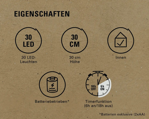 Produktmerkmale: 30 LEDs, 30 Zentimeter Höhe, geeignet für Innenräume, batteriebetrieben, Timerfunktion