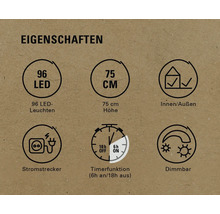 Produkteigenschaften: 96 LEDs, 75 cm Höhe, für Innen- und Außenbereich, Netzstecker, Timerfunktion (6 Stunden an, 18 Stunden aus), dimmbar