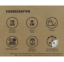 Produktmerkmale: 136 LED Lampen, 90 Zentimeter Höhe, für den Außenbereich geeignet, Solarbetrieb, Batteriebetrieb, Timerfunktion