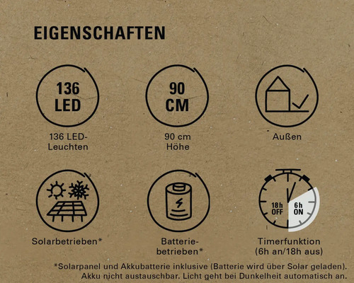 Produktmerkmale: 136 LED Lampen, 90 Zentimeter Höhe, für den Außenbereich geeignet, Solarbetrieb, Batteriebetrieb, Timerfunktion