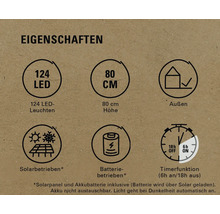 Eigenschaften: 124 LED Leuchten, 80 Zentimeter Höhe, für den Außenbereich geeignet, solarbetrieben, batteriebetrieben, Timerfunktion