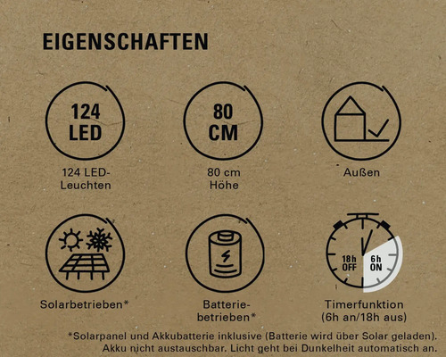 Eigenschaften: 124 LED Leuchten, 80 Zentimeter Höhe, für den Außenbereich geeignet, solarbetrieben, batteriebetrieben, Timerfunktion