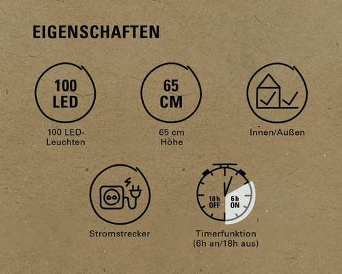 Produktmerkmale: 100 LEDs, 65 cm Höhe, geeignet für Innen- und Außenbereich, Stromstecker, Timerfunktion (6 Stunden ein, 18 Stunden aus)