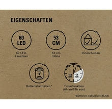 Eigenschaften: 60 LEDs, 53 Zentimeter Höhe, Innen- und Außenbereich geeignet, batteriebetrieben, Timerfunktion sechs Stunden ein und 18 Stunden aus