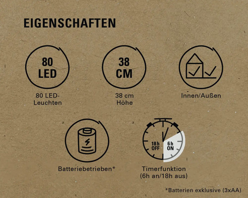 Eigenschaften: 80 LEDs, 38 cm Höhe, für Innen- und Außenbereich, batteriebetrieben, Timerfunktion