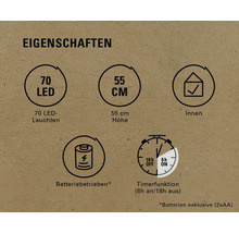 Produktmerkmale: 70 LEDs, 55 Zentimeter Höhe, geeignet für Innenräume, batteriebetrieben, Timerfunktion