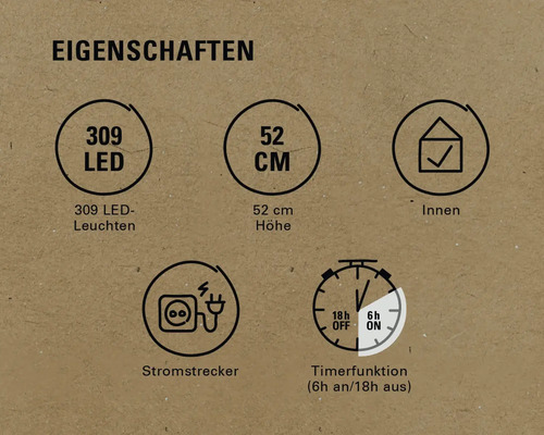 Eigenschaften: 309 LEDs, Höhe 52 cm, für Innenräume, Stromstecker, Timerfunktion 6 Stunden ein und 18 Stunden aus