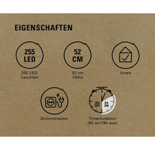 Eigenschaften: 255 LEDs, 52 Zentimeter Höhe, geeignet für Innenräume, Stromstecker, Timerfunktion (6 Stunden an, 18 Stunden aus)