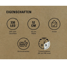 Eigenschaften: 330 LEDs, 52 Zentimeter Höhe, für Innenräume, Stromstecker, Timerfunktion mit 6 Stunden ein und 18 Stunden aus