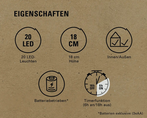 Produktmerkmale: 20 LEDs, 18 cm Höhe, für Innen- und Außenbereich, Batteriebetrieb, Timerfunktion