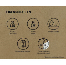 Produktmerkmale: 30 LEDs, 34 cm Höhe, für Innen- und Außenbereich geeignet, batteriebetrieben, Timerfunktion