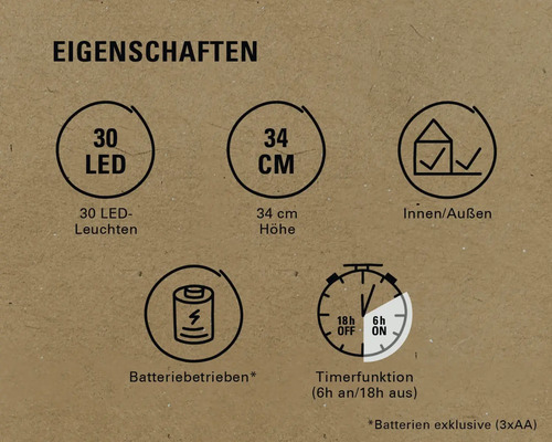 Produktmerkmale: 30 LEDs, 34 cm Höhe, für Innen- und Außenbereich geeignet, batteriebetrieben, Timerfunktion