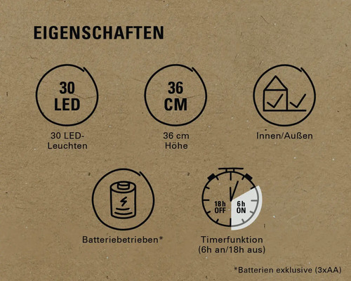 Eigenschaften: 30 LED Leuchten, 36 Zentimeter Höhe, Innen- und Außenbereich, Batteriebetrieb, Timerfunktion (6 Stunden ein, 18 Stunden aus)