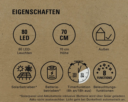 Eigenschaften: 80 LEDs, 70 cm Höhe, geeignet für den Außenbereich, solarbetrieben, batteriebetrieben, Timerfunktion, acht Beleuchtungsfunktionen