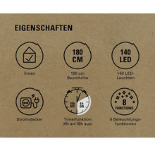 Produktmerkmale: Für Innenräume, 180 Zentimeter Baumhöhe, 140 LED-Leuchten, Stromstecker, Timerfunktion (6 Stunden an und 18 Stunden aus), 8 Beleuchtungsfunktionen