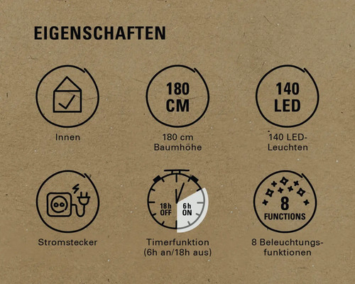 Produktmerkmale: Für Innenräume, 180 Zentimeter Baumhöhe, 140 LED-Leuchten, Stromstecker, Timerfunktion (6 Stunden an und 18 Stunden aus), 8 Beleuchtungsfunktionen