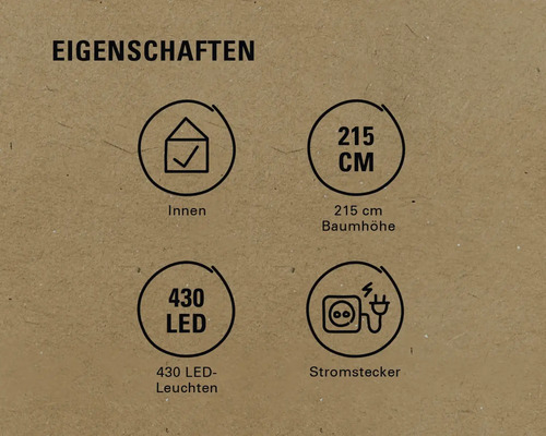 Eigenschaften: Innenbereich, 215 Zentimeter Baumhöhe, 430 LED-Leuchten, Stromstecker