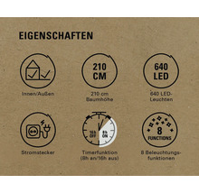 Eigenschaften: Innen- und Außenbereich, 210 Zentimeter Baumhöhe, 640 LED-Leuchten, Stromstecker, Timerfunktion (8 Stunden an, 16 Stunden aus), 8 Beleuchtungsfunktionen