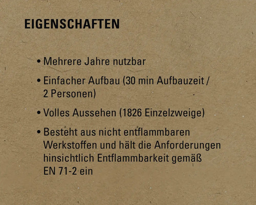 Produktmerkmale: Mehrere Jahre nutzbar, einfacher Aufbau, volles Aussehen, besteht aus nicht entflammbaren Werkstoffen